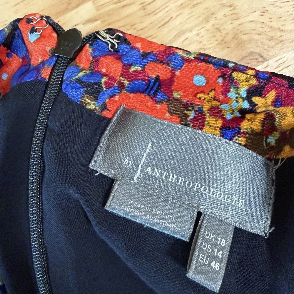 Anthropologie Ruffled Satin Mini Dress Size 14 Floral Tie Open Back Colorful - Picture 8 of 14